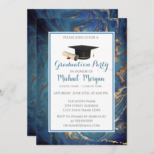 Invitation Graduation Cap Marble Gold Party (Devant / Derrière)