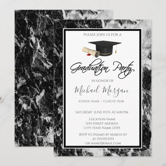 Invitation Graduation Cap Marbre Noir Partie de Graduation (Devant / Derrière)