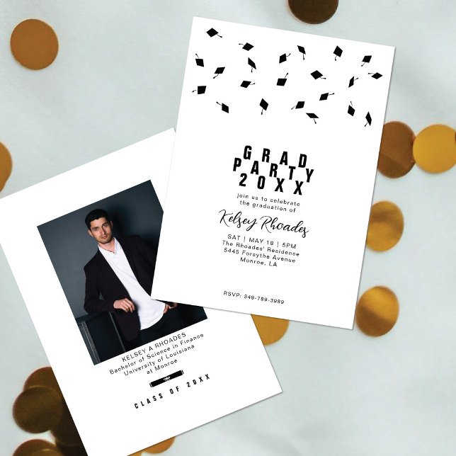 Invitation Graduation Cap Toss Black & White Grad Party (Créateur téléchargé)