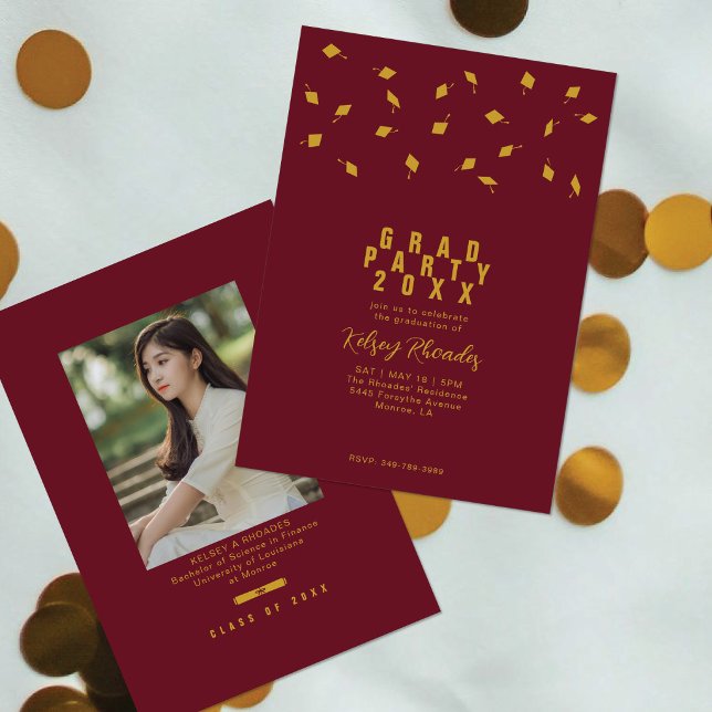 Invitation Graduation Cap Toss Maroon & Gold Grad Party (Créateur téléchargé)