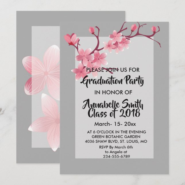 Invitation Graduation Cherry Blossom (Devant / Derrière)