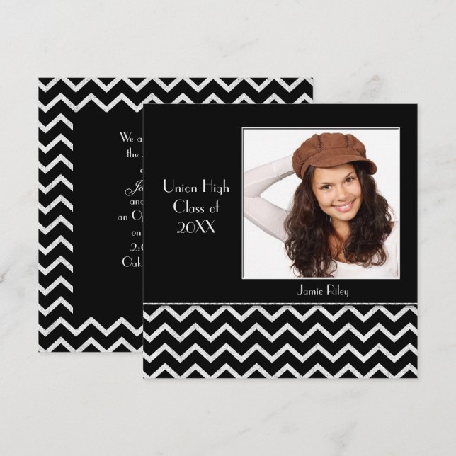 Invitation Graduation Chevron noir et argent (Devant / Derrière)