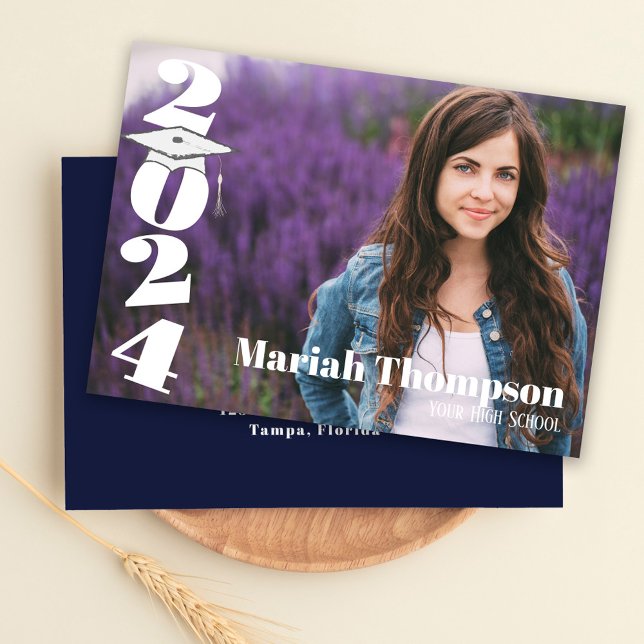 Invitation Graduation Classe De Photo De La Marine Typographi (Graduation invitation announcement with bold "2024" lettering. )