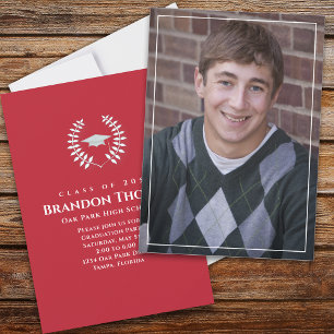 Invitation Graduation Classique Photo Lauréat Laurel Red
