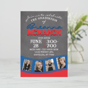Invitation Graduation de la bande de film rouge et bleu