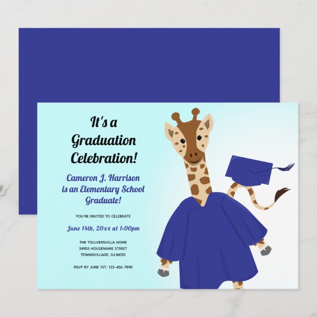 Invitation Graduation de la Giraffe Animal Blue Casquette (Devant / Derrière)