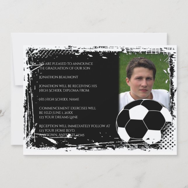 Invitation Graduation de soccer noir et blanc (Devant)