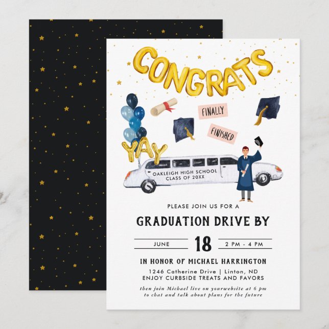 Invitation Graduation Drive By Parade Party | Limo blanc (Devant / Derrière)