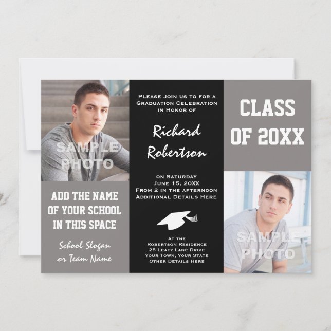 Invitation Graduation d'un jeune homme gris et noir (Devant)