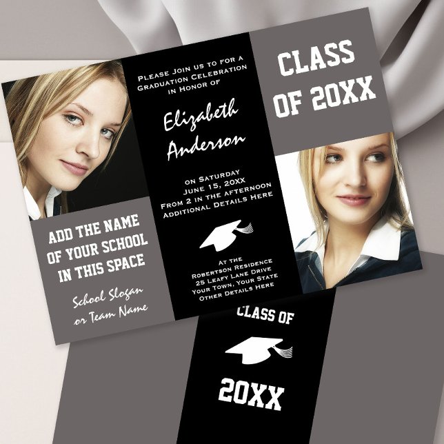 Invitation Graduation Elegant Grey and Black Young Woman (Créateur téléchargé)