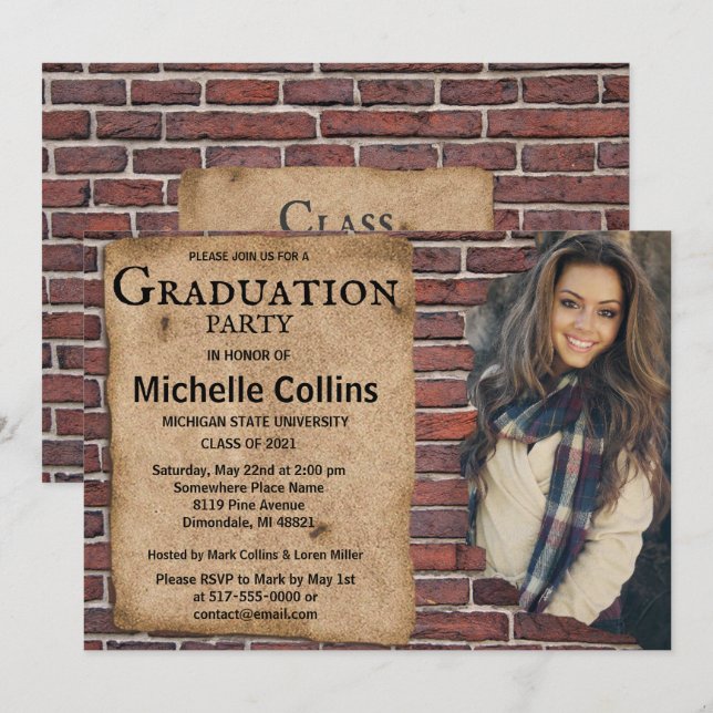 Invitation Graduation en briques rustiques (Devant / Derrière)