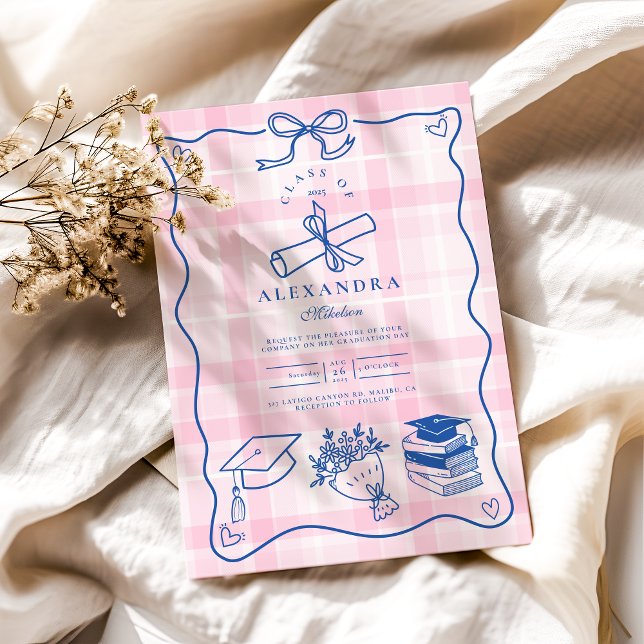 Invitation Graduation en rose et bleu avec main rétro (Créateur téléchargé)