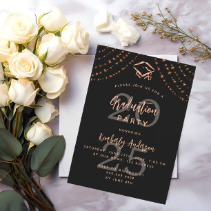 Invitation Graduation fête noir rose or étoiles année