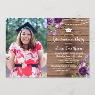 Invitation Graduation Fleurs violettes Lumières Bois Photo