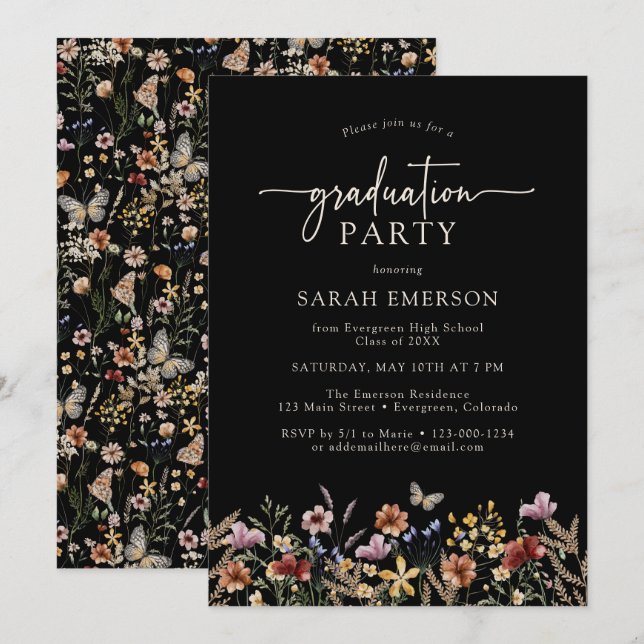 Invitation Graduation Florale Noire (Devant / Derrière)