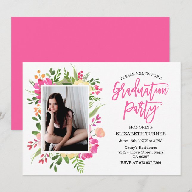 Invitation Graduation florale personnalisée à la main (Devant / Derrière)