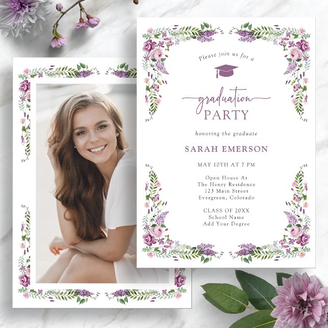 Invitation Graduation florale pourpre (Purple Floral Photo Graduation  Party Invitation by Painted Paperie
)