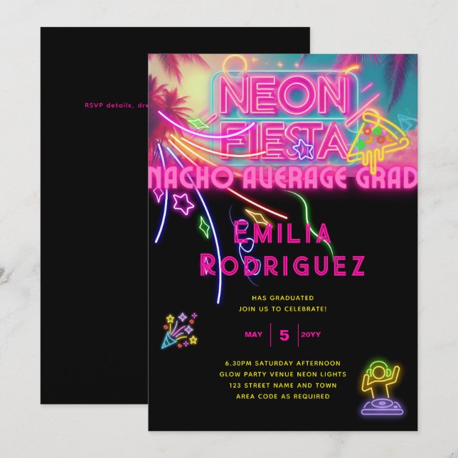 Invitation Graduation Glow Party Invitación Fiesta de Neón (Devant / Derrière)