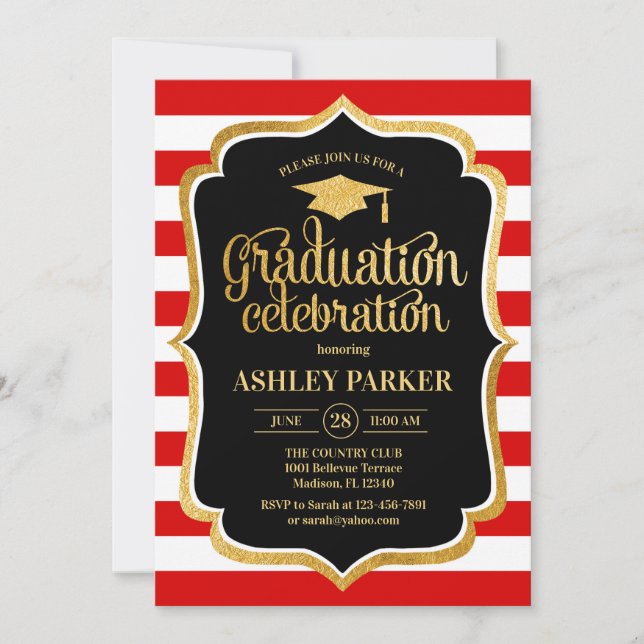 Invitation Graduation - Gold Black Red White Stripes (Devant)