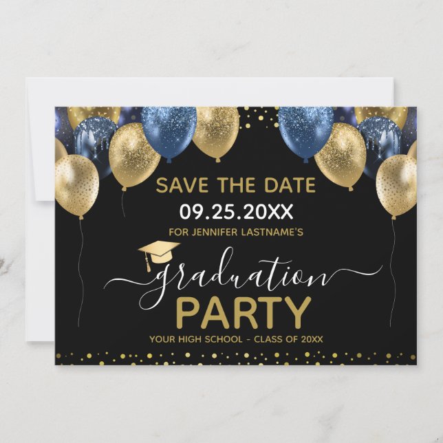 Invitation Graduation Gold Blue Enregistrer la date Invitatio (Devant)