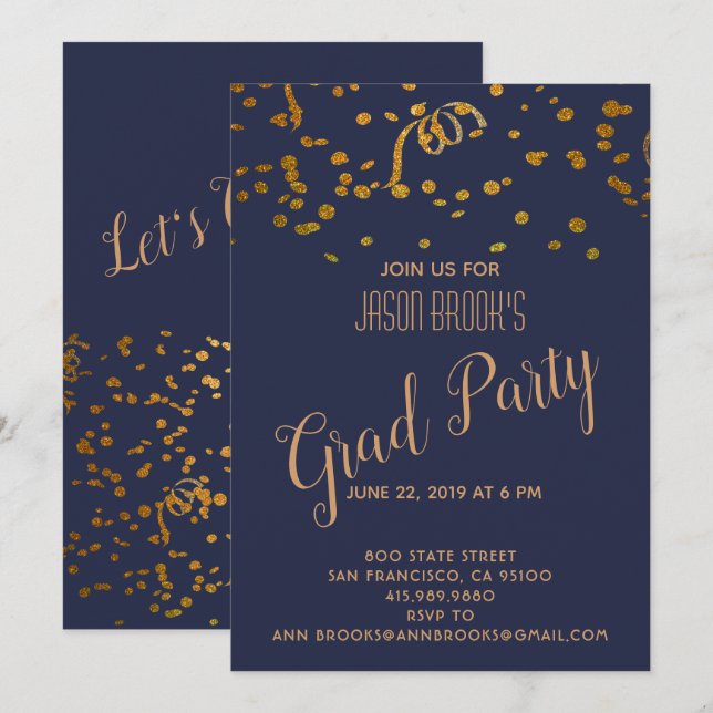 Invitation Graduation Gold Confetti Blowout Party (Devant / Derrière)