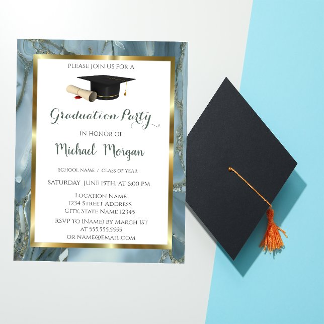 Invitation Graduation Gold Frame Casquette Marble Graduation  (Créateur téléchargé)