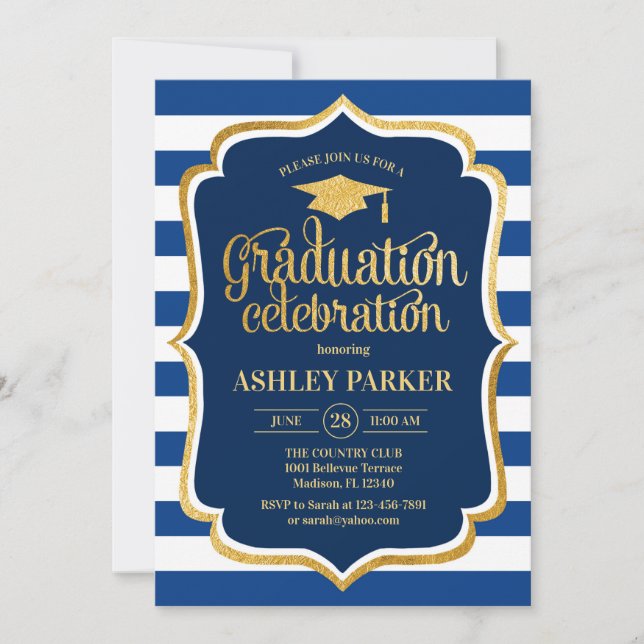 Invitation Graduation - Gold Navy Bleu Bleu Blancs (Devant)