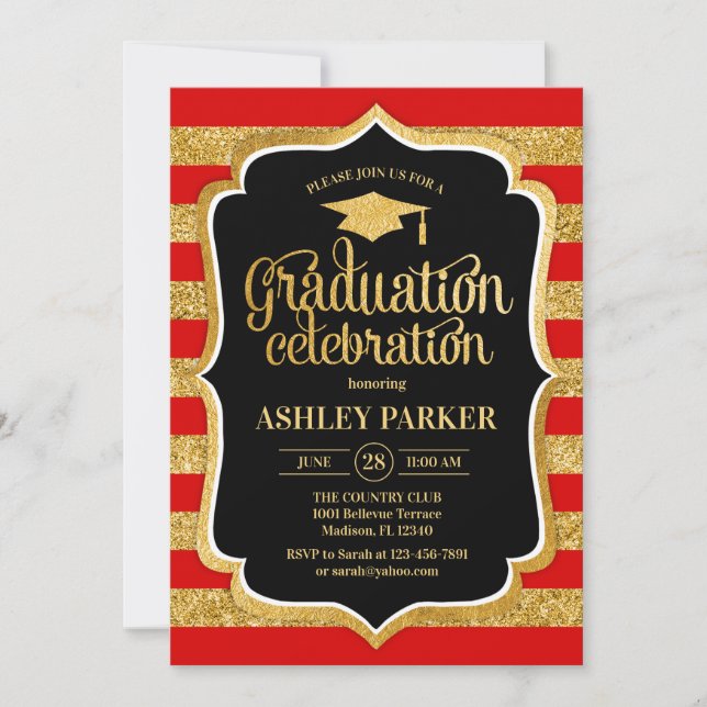 Invitation Graduation - Gold Red Black Stripes (Devant)