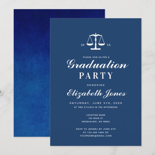 Invitation Graduation minimaliste en bleu et aquarelle (Devant / Derrière)