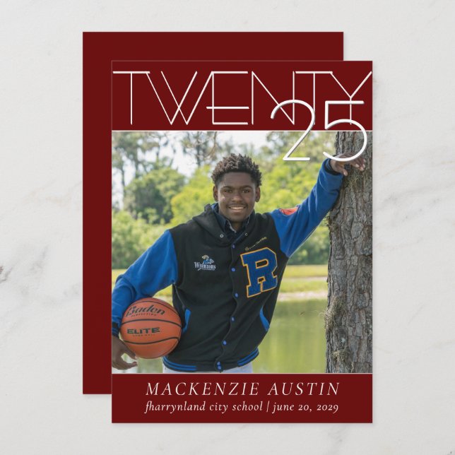 Invitation Graduation minimaliste | Photo rouge foncé et blan (Devant / Derrière)