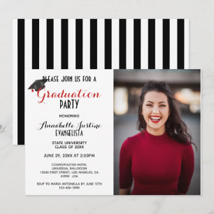 Invitation Graduation moderne en bandes noir et blanc
