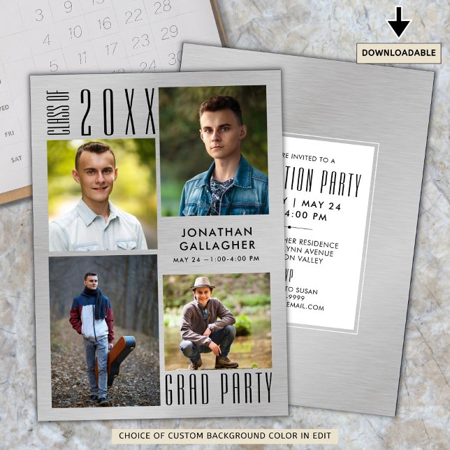 Invitation Graduation Moderne Metallic Argent Sleek Noir (Créateur téléchargé)