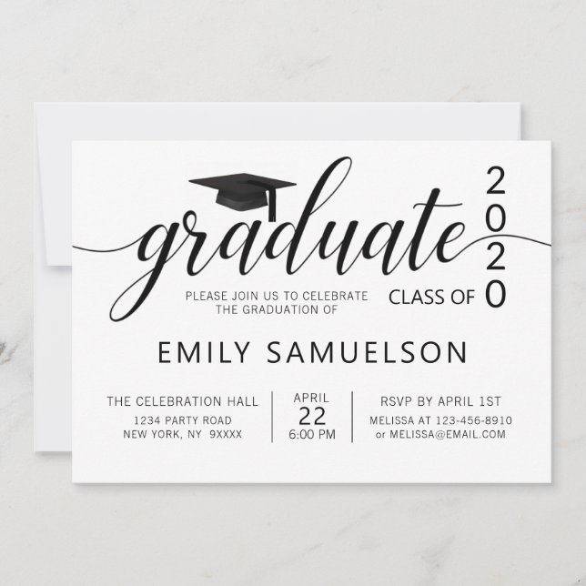 Invitation Graduation moderne Noir Blanc Classe de + École (Devant)