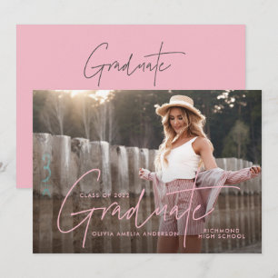Invitation Graduation moderne script photo élégant rose girly