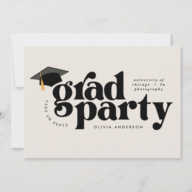 Invitation Graduation moderne stylisme typographie noir & bla (Devant)