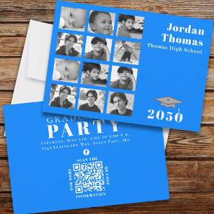 Invitation Graduation Multi Photo Collage Simple Bleu QR Code