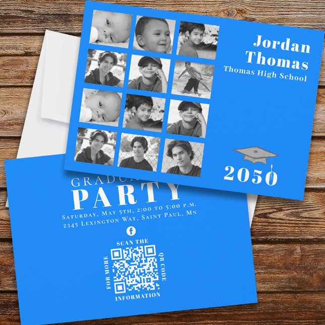 Invitation Graduation Multi Photo Collage Simple Bleu QR Code (Créateur téléchargé)