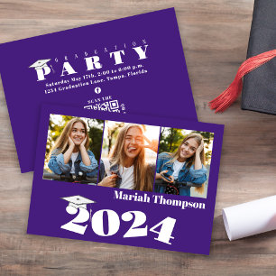 Invitation Graduation Multi Photo Purple Class 2023 QR Code