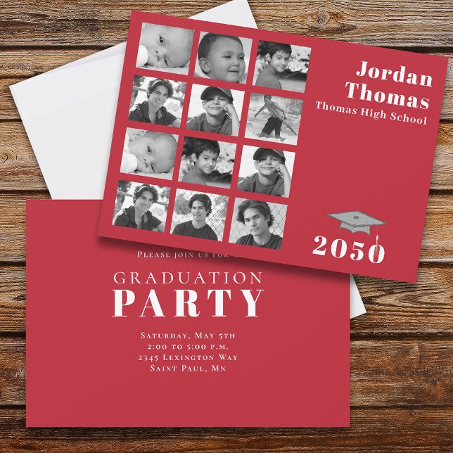 Invitation Graduation Multiphoto Collage Minimaliste Rouge (Créateur téléchargé)