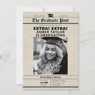 Invitation Graduation Newspaper “Extra Extra” B&W Photo