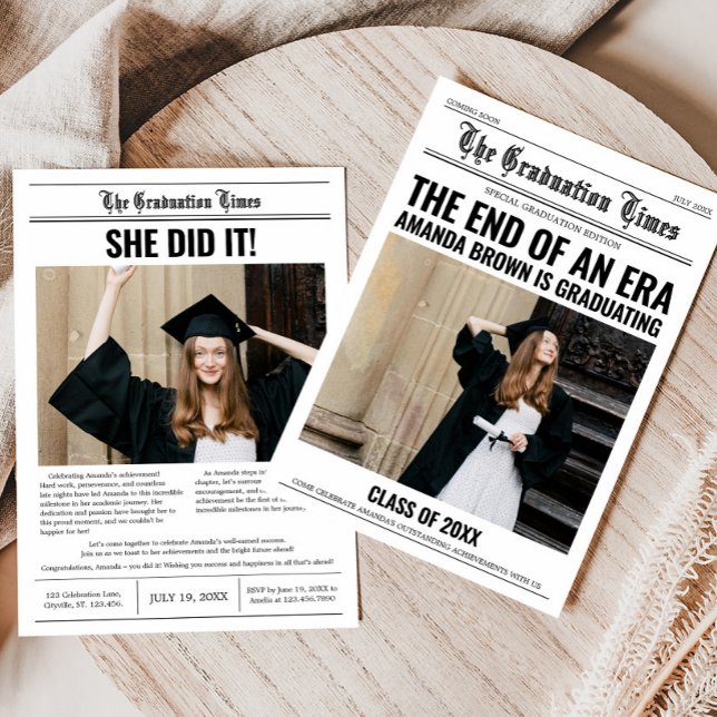 Invitation Graduation Newspaper Graduation Party (Graduation Newspaper Photo Graduation Party Invitation with Front and Back)