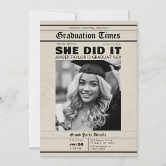 Invitation Graduation Newspaper She Did It B&W Photo