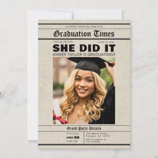 Invitation Graduation Newspaper She Did It Photo