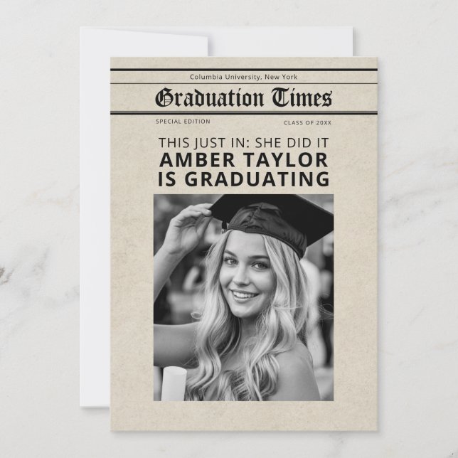 Invitation Graduation Newspaper “This Just In” B&W Photo (Devant)
