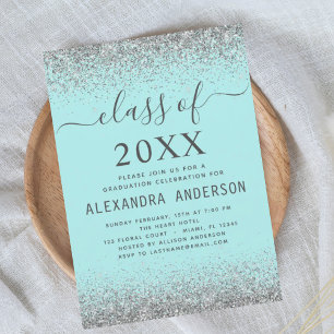 Invitation Graduation Party 2024 Turquoise Aqua Blue Silver