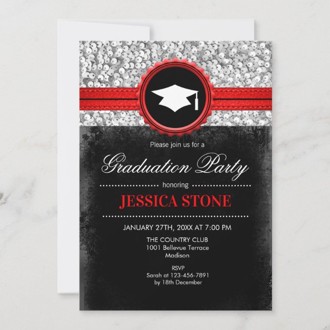 Invitation Graduation Party - Argent Noir Rouge (Devant)