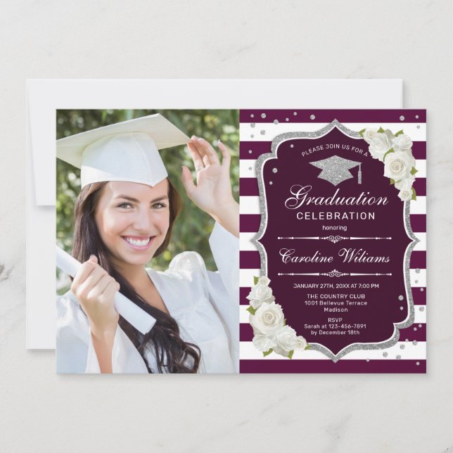 Invitation Graduation Party avec photo - Argent Bourgogne (Devant)