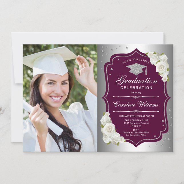 Invitation Graduation Party avec photo - Argent Bourgogne (Devant)