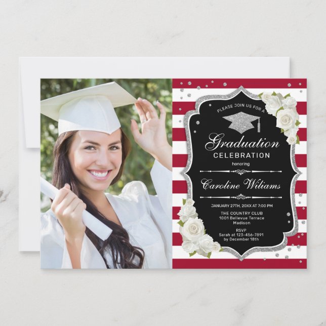 Invitation Graduation Party avec photo - Argent Noir Rouge (Devant)