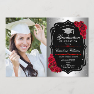 Invitation Graduation Party avec photo - Argent Noir Rouge